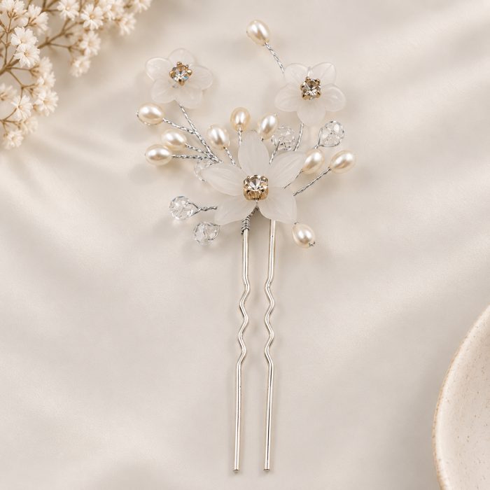 Ac de par pentru mireasa cu perle, cristale si flori delicate, model ramificat argintiu
